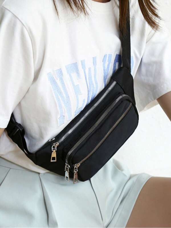 1 bucă geantă sport neagră pură, geantă de tip crossbody casual în aer liber, pachet de piept la modă pentru femei, husă de telefon minimalistă de mare capacitate