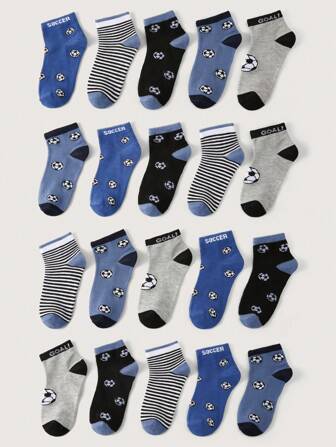 10 Paar Kinder Socken, Fußball/Streifenmuster Dekorative Knöchelsocken, minimalistische klassische Mode Lässig Sportssocken, hautfreundlich atmungsaktiv, geeignet für den täglichen Gebrauch, Geschenke, Schulanfang, Reisen, Zufällige Farbe & Stil