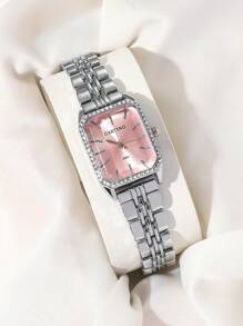 CARYINO 1pc CARYINO Women's Classic Square Stainless Steel Quartz Watch With Zirconia Inlay, Elegant And Versatile For Daily, Business, And Party Wear