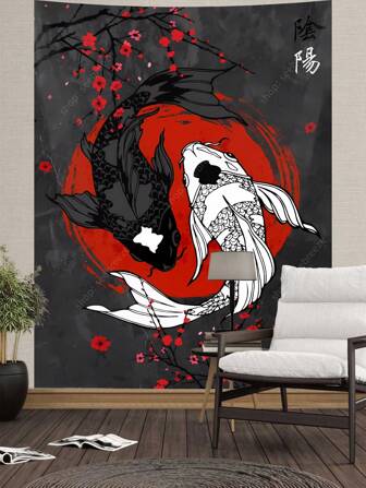 Japanese Yin Yang Koi Fish Tapestry Cool Red And Black Anime Sakura Art Tapestries Wall Hanging Hippie Boho Room Decor Aesthetic Home Wall Decor Yoga Mat