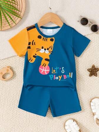 2 件套男婴休闲可爱猫咪印花短袖上衣和裤子套装，夏季