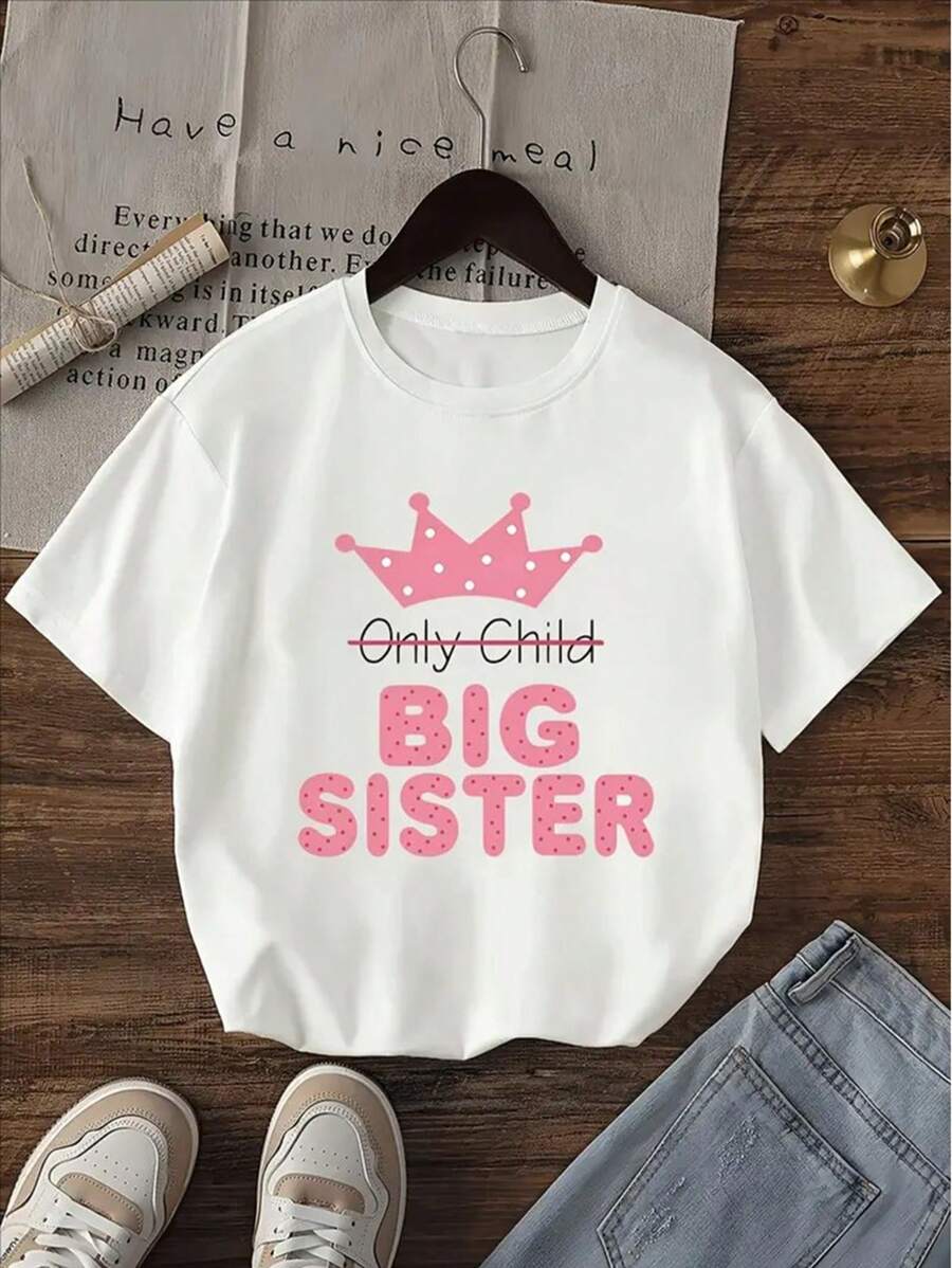 Big Sister Graphic T-Shirt 1pc Casual Cotton T-Shirt With Crown & Polka Dot Print Crew Neck, Short Sleeve, Knit Fabric, Medium Stretch For Sports & Outdoor Activities, Summer Top For - 白色 - 查看 1
