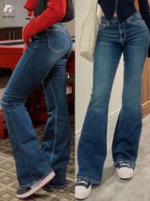 Women's Casual Versatile Slant Pocket Washed Flare Jeans - Dark Wash - View 1