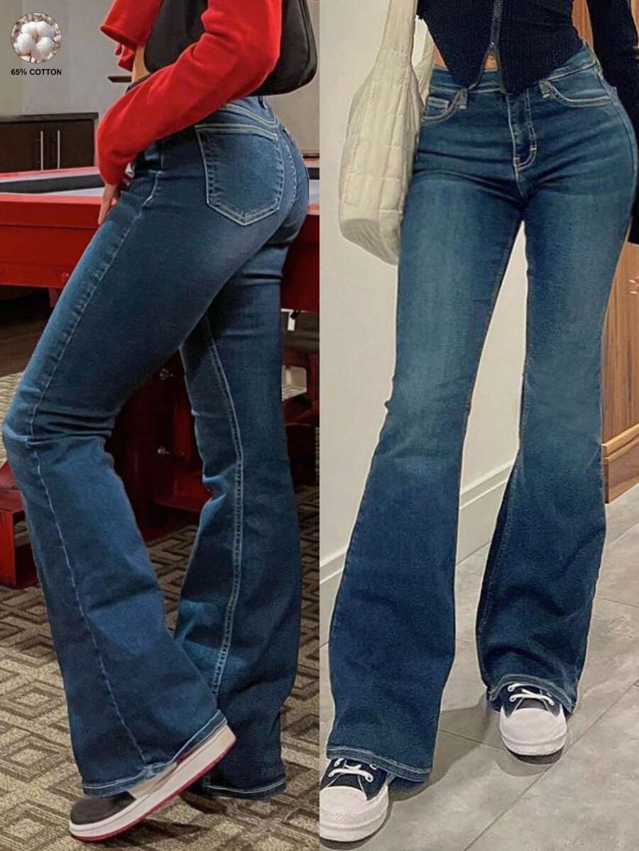 Women's Casual Versatile Slant Pocket Washed Flare Jeans - Dark Wash - View 1