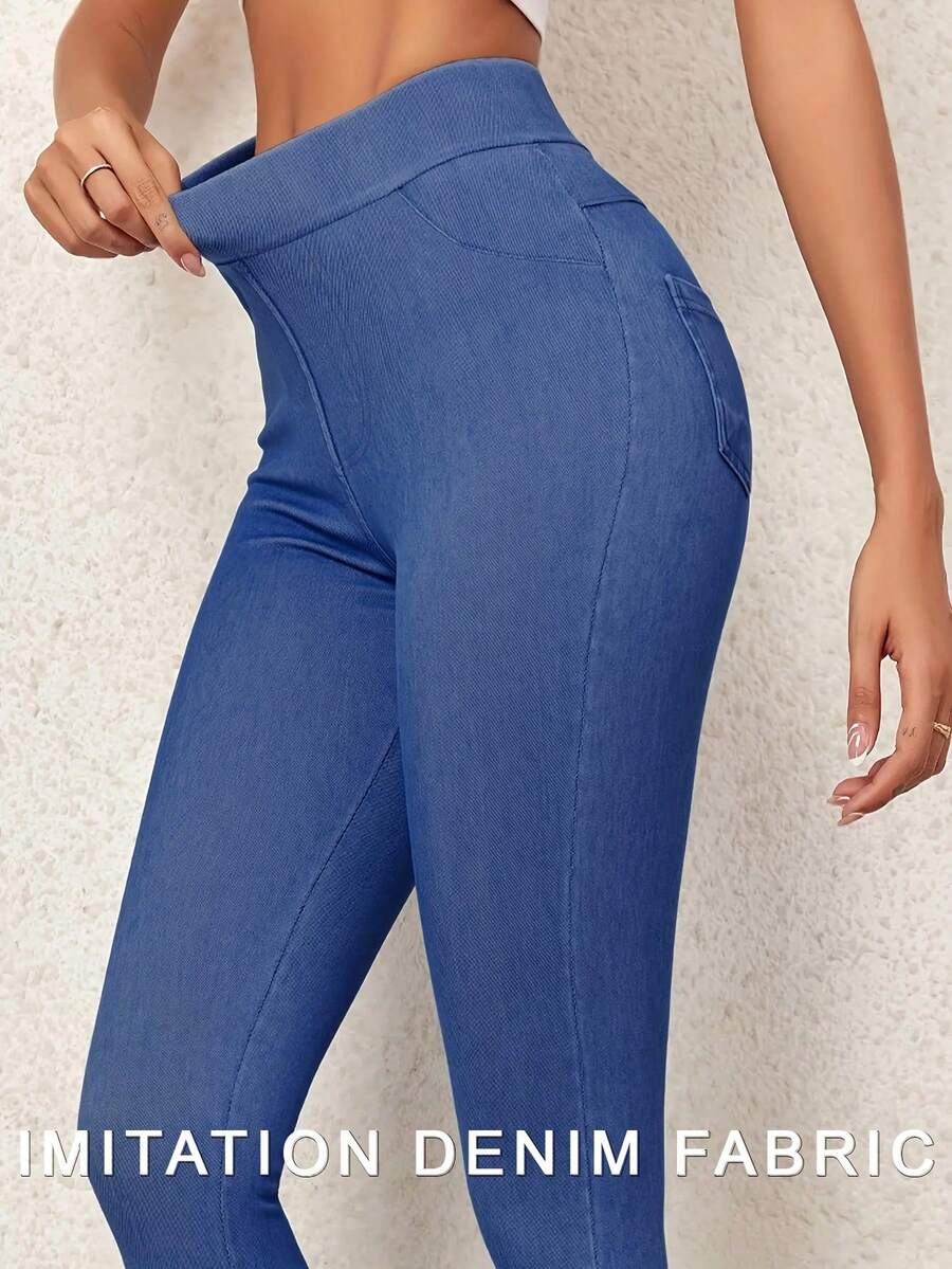 Legginsy z wysokim stanem i efektem jeansu, casualowe, wiosna/lato, nowość - Niebieski - Zobacz 1