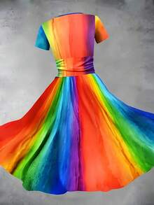 Đầm chữ A tay ngắn in họa tiết cầu vồng ombre nhiều màu sắc dành cho nữ cỡ lớn, trang phục dự tiệc, đầm maxi xòe rộng thắt eo cho kỳ nghỉ hè thanh lịch - Nhiều màu - Xem 2