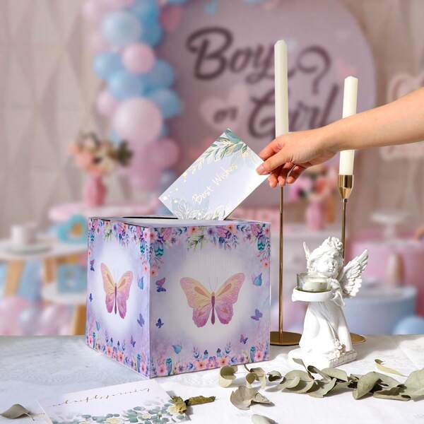 Purple Wedding Card Box, Butterfly Shape Paper Card Box, Cardboard Gift Card Box Holder For Wedding Reception, Envelope Money Card Receiving Box For Party Graduation Day Shower Decoration, 7.8" X 7.8" X 7.8"