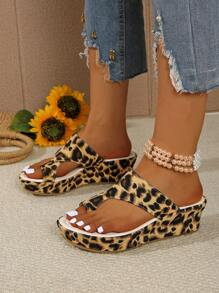 Women's Fashion Leopard Print Wedge Heel Slides, Platform Flip Flops - Brown Leopard Print - View 3
