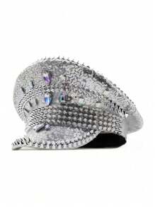 1pc Women's Wedding Hat, Silver Sequin & Rhinestone Embellished Military/Snapback Style Peaked Flat Cap For Photography, Party, Performance - Multicolor - View 8