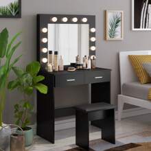 Jooli H Dressing Table Set With LED Lights Mirror, Vanity Makeup Table 2 Large Drawers And Stool, Black - Black - View 5