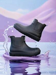 (Size Runs Small) 1 Pair Women's Fashion Mid-Calf Rain Boots, Faux Leather Pattern Waterproof Galoshes, Plus Size Chelsea Short Rainboots, Versatile Thick Waterproof Boots - Black - View 3