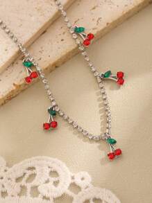 1pc Women's Sweet Style Adjustable Cherry Zirconia Pendant Necklace, Suitable For Daily Wear