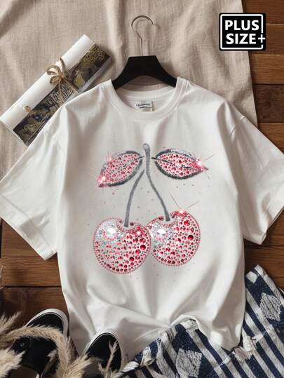 Plus Size Casual Minimalist Cherry Print Round Neck Short Sleeve T-Shirt For Women, Suitable For Summer Wear