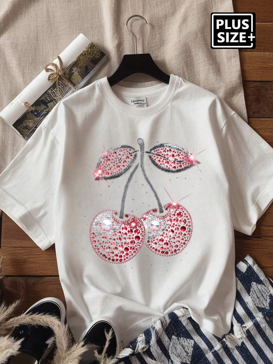 Áo thun nữ cỡ lớn, kiểu dáng tối giản, in hình quả anh đào, cổ tròn, tay ngắn, thích hợp mặc mùa hè, màu trắng. - trắng - Xem 1