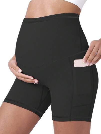 1 Stück Umstandssport Shorts, hoher Bund mit elastischem verstellbarem Bauch, hebende Yoga Hose, lässige weiche und bequeme Oberbekleidung mit Taschen