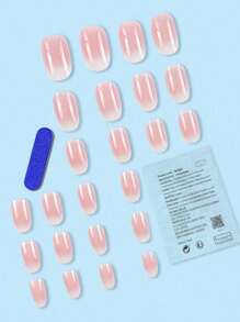 24pcs Short Oval Transparent Pink-White Ombre Nail Stickers, Suitable For Party, Wedding, Daily Wear