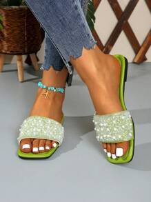 Pearl & Rhinestone Decor Women Flat Slippers, Elegant Classical Wide Strap Sandals - Olive Green - View 2