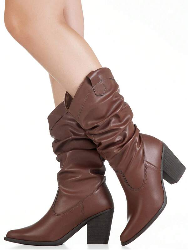 GiGiL Bota Feminina GiGiL Cano Médio Enrrugado Slouch Western Salto Alto Bico Texana Country Confortável Elegante Moda bota marrom confortável elegante