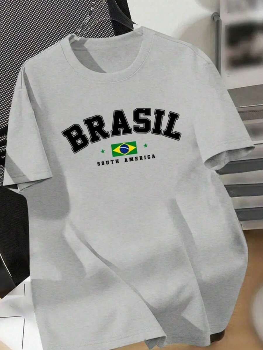 Men's And Women's Shirts With Brazil Print, 100% Cotton, Summer Fashion - 灰色 - 查看 1