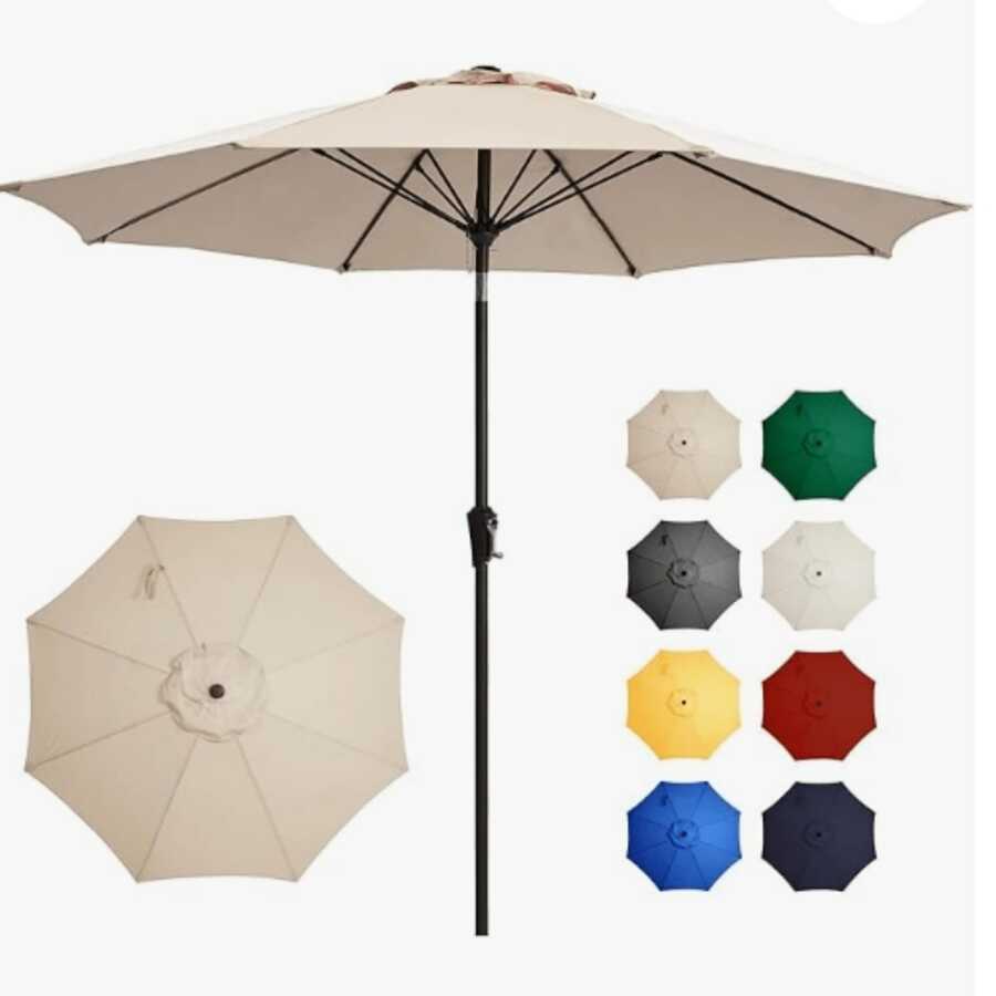 9FT Large Outdoor Patio Umbrella Market Table Umbrella-UV Resistant, Easy Push Button Tilt And Crank, 8 Sturdy Fiberglass Ribs Heavy-Duty Pool Umbrella For Deck, Backyard,Garden, Yard