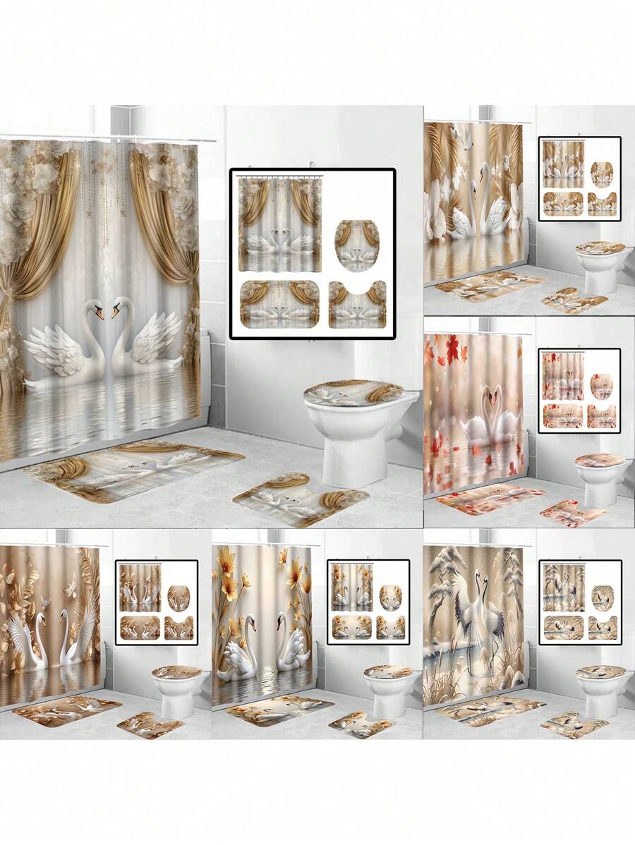 1/4pcs Elegant Swan Print Waterproof Shower Curtain Set With 12 Hooks, Floral And Golden Decorative Elements, Bathroom Decor Curtain With Toilet Cover, U-Shape Mat, Modern Home Bath Accessory, Machine Washable