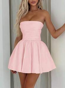 Robe de soirée courte sans bretelles, cintrée à la taille, convenant pour les vacances à la plage, les rendez-vous, la Saint-Valentin, la Fête des Mères, l'été, la rentrée scolaire, le thé de l'après-midi, les soirées élégantes - Rose bonbon - Voir 8