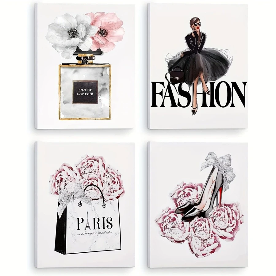 4pcs No Framed Canvas Print Wall Art For Women, Prints Of Pink Flowers, Perfume, Handbags, And High Heels Picture, Featuring Modern Designs Suitable For A Bedroom Perfect Gift For Women And Girls