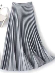 Satén Premium Color Sólido Falda Plisada Verano Delgado Medio Largo Rodilla Cintura Alta A-Line Falda Vestido Halter - Plateado - Ver 2