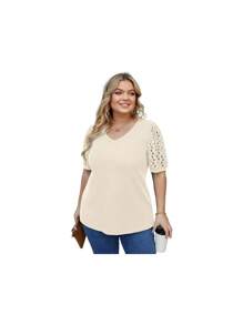 Plus Size Tops For Women Summer Blouse Waffle Knit Short Lace Sleeve Shirts-CWTI