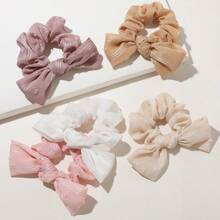 5pcs Foil Pom Pom Hair Scrunchies With Bow Accessories For Women, Cute Candy-Colored, Suitable For Daily Wear, Travel, Photography, Holidays