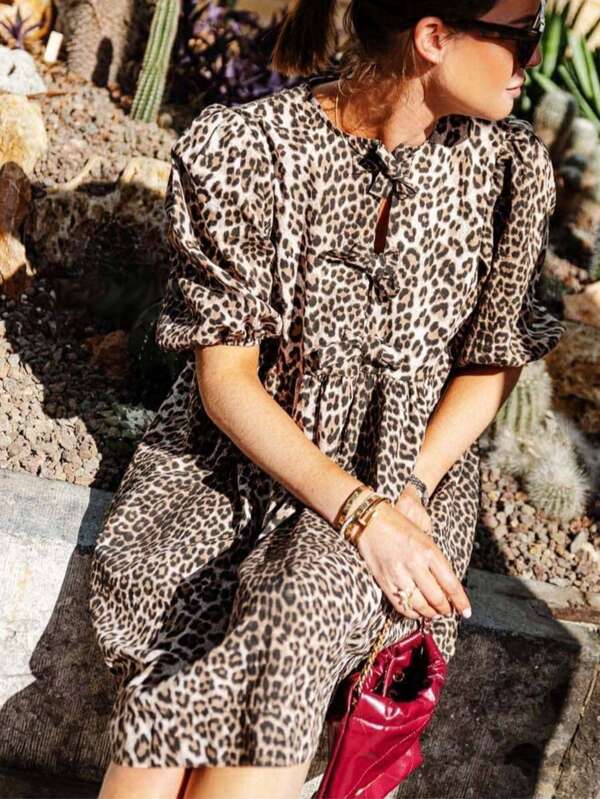 Women's Elegant Leopard Print Round Neck Tie Front Crop Short Sleeve Dress