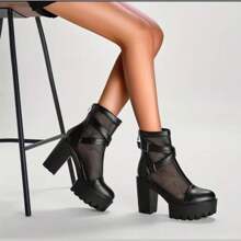Women's Platform Ankle Boots With Mesh Details And Cross Buckles And Fashionable Chunky Heel - màu đen - Xem 9