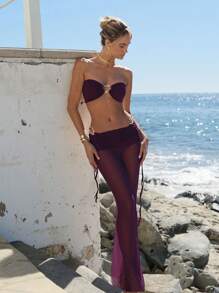 Neuer Frühling/Sommer Elegant Sexy einfarbig Damen Bandeau 3-teiliges Bikini Set, Strand Urlaub Party Date - Bordeaux - Übersicht 1