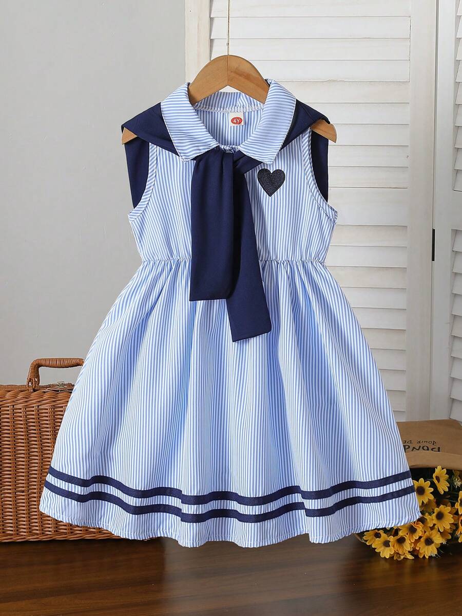 Young Girl' Striped Collar Heart Embroidery Dress + Minimalist Solid Color Shawl - Blue and White - View 1