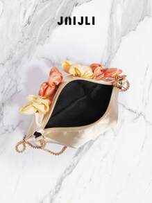 JNIJLI 1 件时尚奢华花卉装饰链条单肩包、Faille 晚宴手提包、腋下包。适合搭配节日派对礼服、亮片礼服、Y2K 风格，非常适合派对、婚礼、舞会、宴会 - 香檳色 - 查看 4