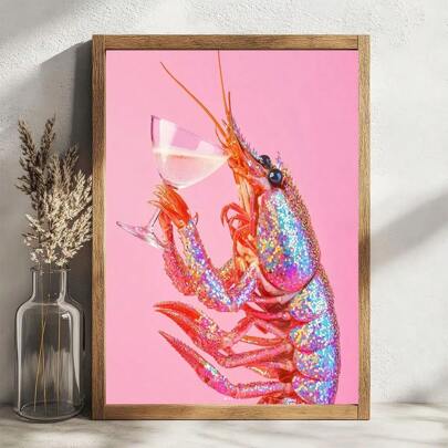 1pc/Set Modern Creative Pink Crayfish Cocktail Posters And Prints, Funny Crayfish Art Aesthetic Painting Canvas Wall Arts Print,Apartment,Bedroom,Living Room,Modern Home Decoration,Perfect Gift,No Frame Include
