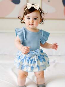 Baby Girl Clothes Newborn Infant Summer Outfits Ruffle Romper And Shorts With Headband Sets For 0-3-6-12-18 Months - Blue - View 3