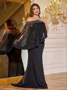 SUPGIR Plus Women's One-Shoulder Asymmetrical Cape Sleeve Handmade Bright Diamond Chiffon Slim-Fitting Evening Dress