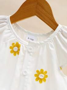 2pcs Baby Girls Set: Embroidered Floral Button Front Top And Floral Trim Shorts, Fashionable Casual Outfit - Yellow - View 3