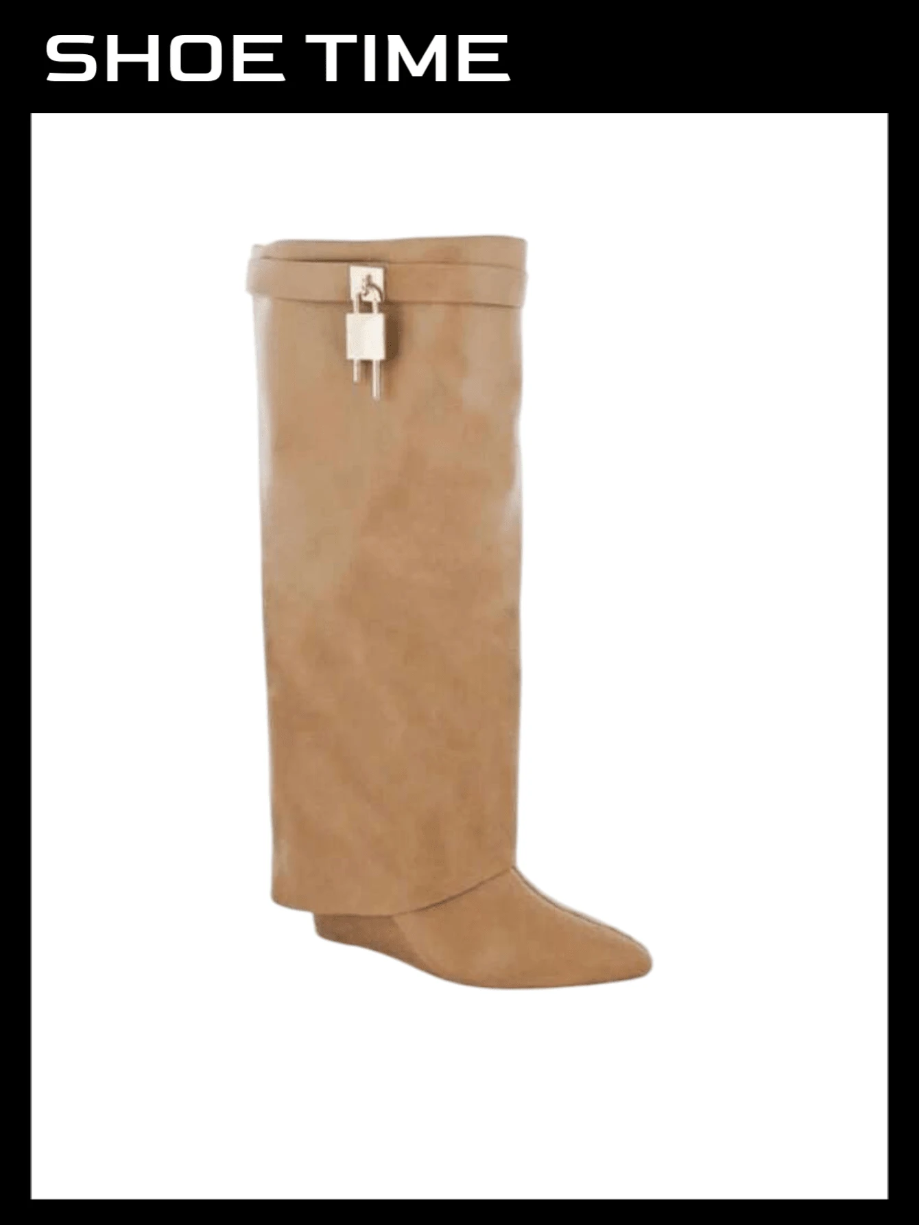 Padlock Detail Fold Over Wedge Knee High Boots - Beige - View 1