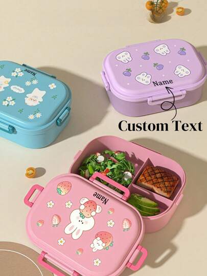 1pc Customized Name Text Cartoon Animal Bento Box, Divided Sealable Compartments, Waterproof, Portable, Outdoor, Travel, Student, Office Worker Lunch Box, PP Material, Microwave Friendly, Customized Exclusive Meal Container