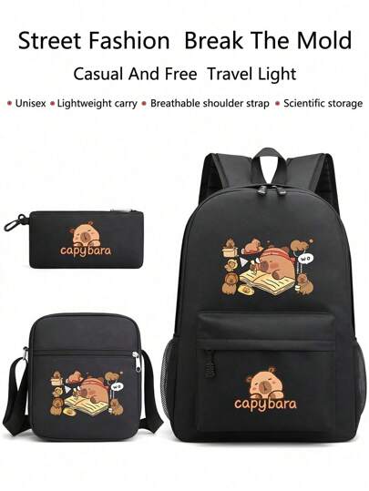 3 Pcs Capybara Cute Cartoon Capybara Backpack, Men's Backpack, Women's Backpack, Men's Messenger Bag, Women's Messenger Bag Funny Large Capacity School Bag Student Laptop Bag School Bag Men's And Women's Waterproof Bag Lightweight Men's And Women's Backpack Outdoor Sports Bag