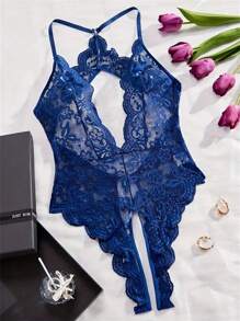 Ning xue yan ying Women's Blue Transparent Deep V-Neck ,Jacquard Weave,Backless,Bow Decoration On The Chest,Floral Lace Criss Cross Crotchless,Heart Metal Buckle Decoration,Sexy Teddy Bodysuit,Scallop Trim Tight Fitting Bodysuit,Women Sexy Club Outfits ,Women's Sexy Bodysuit