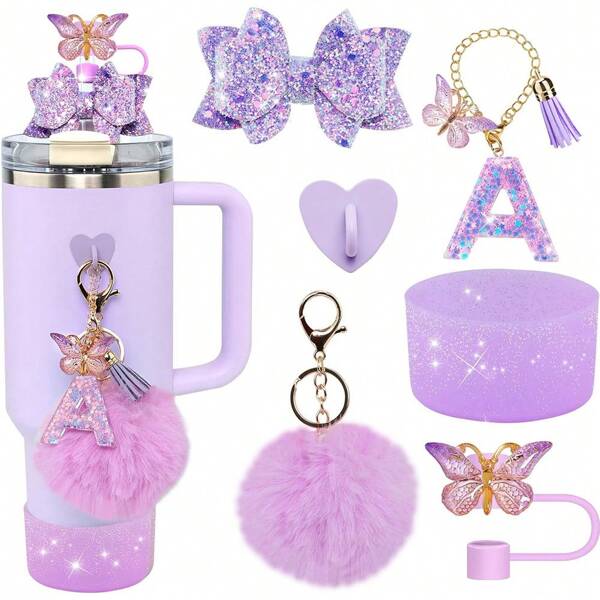 6 Peças Conjunto de Acessórios para Copos Tumbler - Tampa da Cobertura da Palhinha com Borboleta, Laço Bling para Palhinha, Bota de Silicone Cintilante, Pingente de Letra e Pompom para Garrafas e Copos Tumbler de 40Oz, 30Oz, 20Oz, Suprimentos para Volta às Aulas