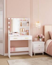 Hzuaneri Dressing Table With Mirror And 10 LED Lights, Vanity Table With 4 Open Shelves And 2 Compartments, Dressing Table With 2 Drawers, For Bedroom, Living Room - White - View 4