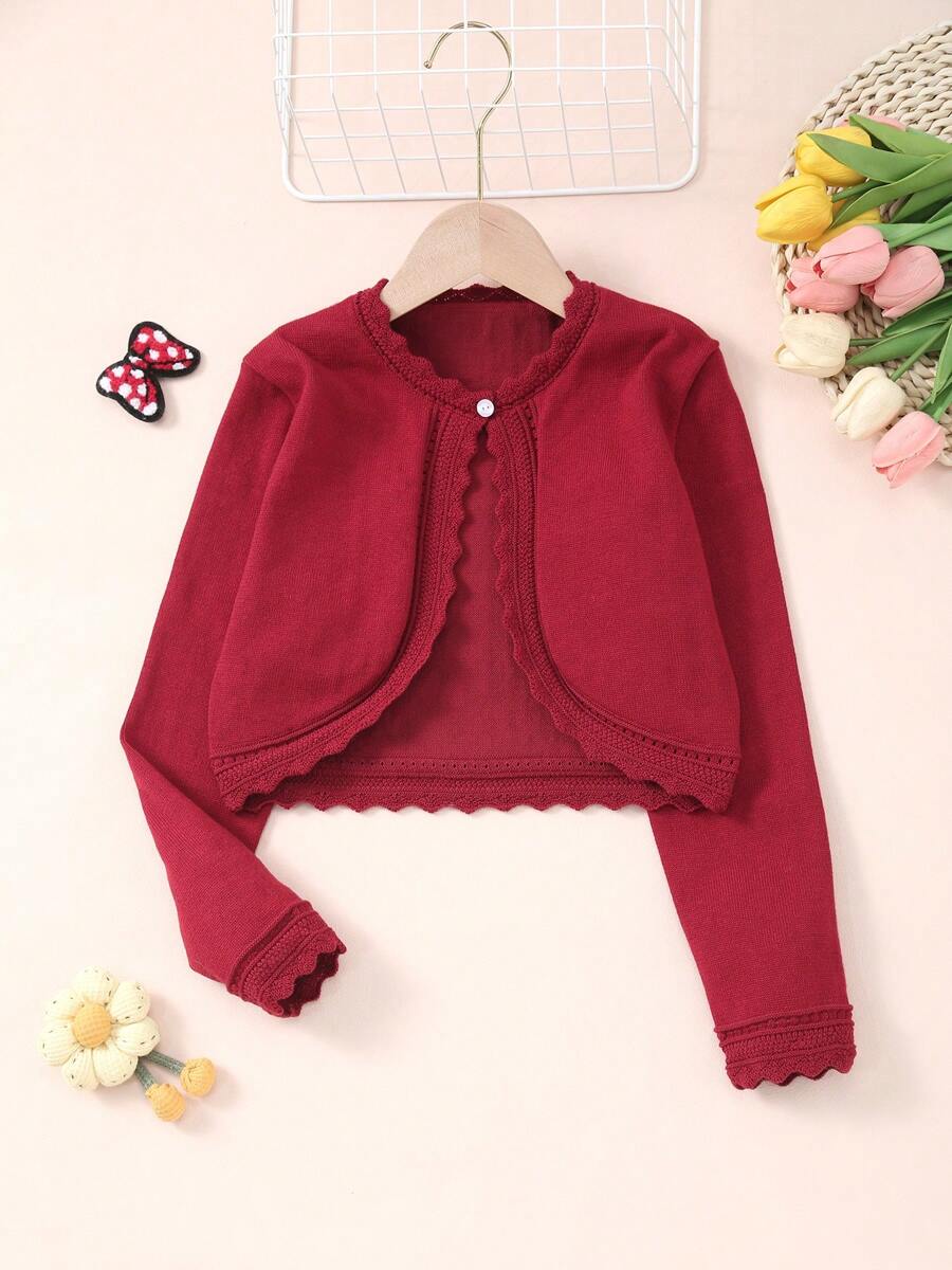 Áo len cardigan viền vỏ sò trơn màu thanh lịch cho bé gái
