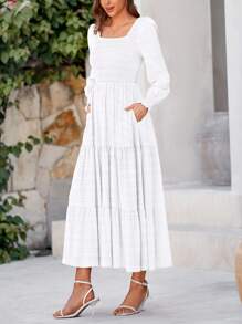 Women's Spring Summer Long Sleeve Dresses Wedding Dresses Elegant Fluffy Long Sleeve Locked Waist Swing Fluttering Long Dresses - 白色 - 查看 4