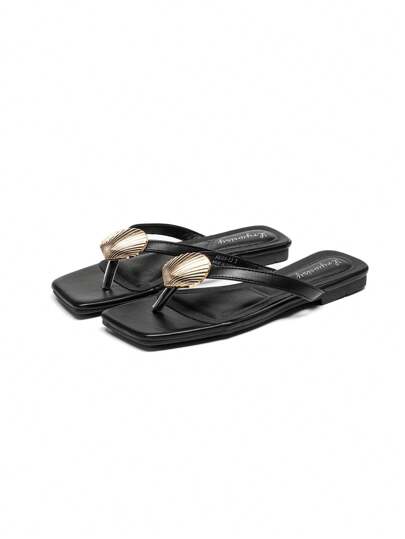 Flat Square Toe Shell Thong Sandals, Flat Heel Slides