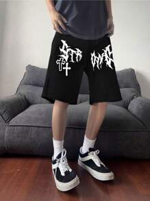 男士印花前扣口袋简约休闲牛仔短裤