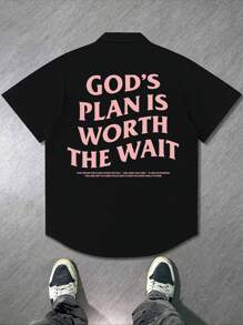 Men's Loose Solid Twill Button-Down Simple Print Casual Short Sleeve Shirt - Black - View 1